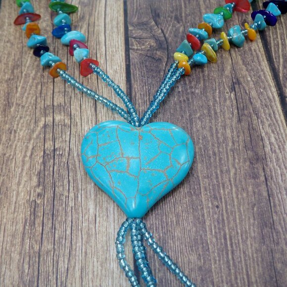 Turquoise Heart Stone Necklace with Multi Color Stones and stone beaded tassel. - Picture 8 of 8